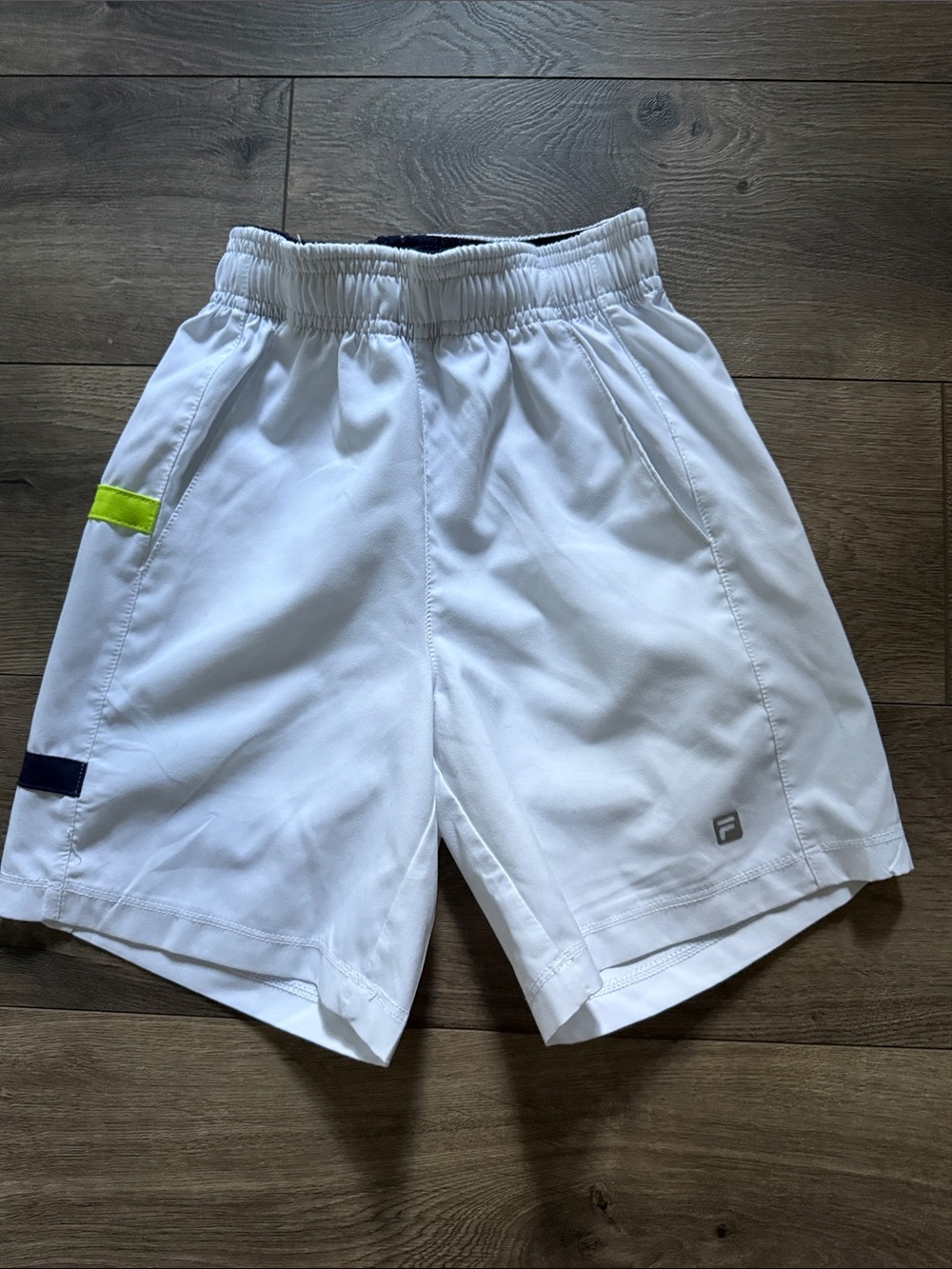 Fila White Athletic Shorts with Neon Yellow and Navy Trim